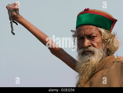 Sadhu Amar Bharati tenendo il suo braccio fino ad 38 anni, Maha Kumbh Mela, Allahabad, India Foto Stock