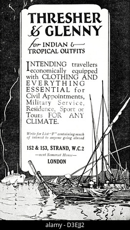 Originale di 1920s vintage stampa pubblicitaria da English Country Gentleman's pubblicità sui giornali indiani & tropical abiti da & Trebbiatrice Glenny di Strand Londra Foto Stock