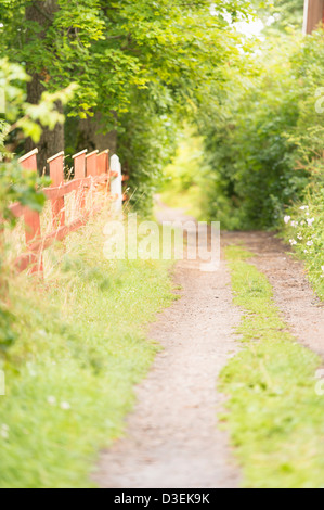 Svuotare strada di ghiaia persistente attraverso rurali paesaggio estivo in Svezia Foto Stock