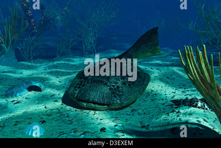 Un Drepanaspis sul fondo di un poco profondo mare Devoniano. Foto Stock