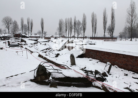 Le rovine di una camera del gas a Birkenau (Auschwitz II) Campo di concentramento, parte di Auschwitz-Birkenau Museo di Stato, Oswiecim, Polonia. Foto Stock