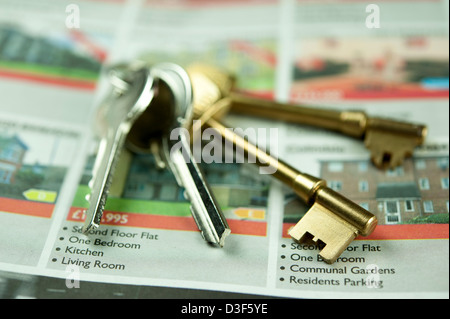 Close up, macro, micro fotografia delle chiavi di casa su annunci di immobili in vendita. Conceptual Agenti Immobiliari fotografia. Foto Stock