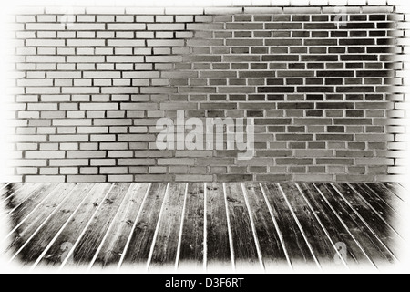 Assi di legno e muro di mattoni. Foto Stock