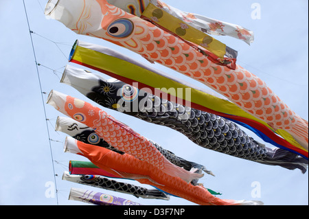 Colorate koinobori giapponese carp streamers per ciascun membro della famiglia in onda in sole contro un cielo blu sul ragazzo del giorno 5 maggio. Foto Stock