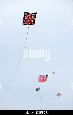 I tradizionali colorati di carta e di bambù volare aquiloni nel vento a Hamamatsu Takoage Gassen, annuale Kite Festival di combattimento in Giappone Foto Stock