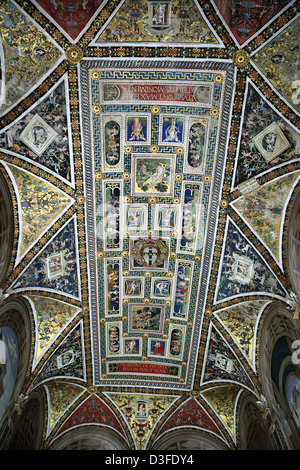 Soffitto decorato con affreschi di Bernardino Pinturicchio nella Libreria Piccolomini nel duomo di Siena Foto Stock