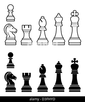 Una illustrazione di un set completo di pezzi di scacchi in bianco e nero Foto Stock