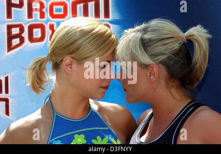 (Dpa) - ex tedesco figura skater e attrice Tanja Szewczenko e british pop cantante Samantha Fox (L) guardarsi in faccia "occhio per occhio" mentre entrambi sono avente peso misurato a Colonia, Germania, 16 maggio 2003. Le due celebrità sarà lotta tra loro nel pugilato ring che sarà teletrasmesso su RTL il 17 maggio. Quattro più celebrità parteciperà anche e proprio come nel Foto Stock