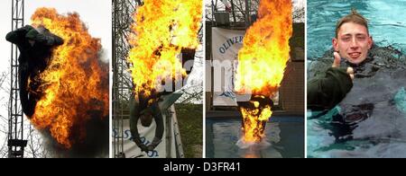 (Dpa) - Una combo mostra come stuntman Genadi Tronin salta con una moto da un alto 10 m platform in una piscina mentre è sul fuoco, nel Serengeti Park vicino a Hodenhagen, Germania, 28 aprile 2003. Il 24-anno-vecchio Genadi è uno dei stuntmen di Olivers 'Death ponticelli'. Foto Stock