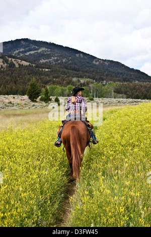 Cowgirl wrangler cavalcare attraverso la prairie, Montana, USA Foto Stock