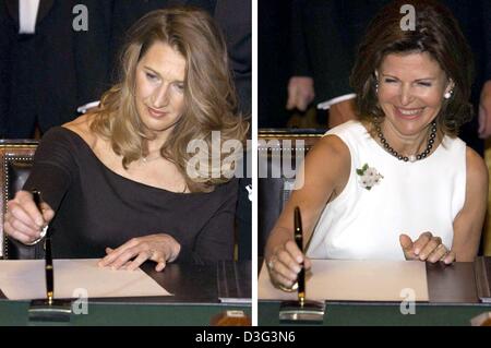 (Dpa) - Una combo mostra ex tedesco la stella del tennis Steffi Graf (L) e la Regina Silvia di Svezia Firma il libro d'oro della città di Amburgo durante il ricevimento presso il municipio di Amburgo, il 21 febbraio 2003. Più tardi quella sera la regina e Steffi Graf si è incontrato con circa 400 rappresentanti della politica, dell'economia, della cultura e dello sport al dal municipio di Amburgo per il tradizionale Matthiae banq Foto Stock