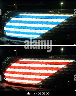 (Dpa) - Il combo immagine mostra parzialmente il manto illuminato di Allianz Arena durante una prova di illuminazione a Monaco di Baviera, Germania, 21 ottobre 2004. La nuova arena sarà il homestadium sia di FC Bayern Monaco e TSV 1860 Monaco di Baviera squadre di calcio. Le luci rosse di stand per FC Bayern Monaco di Baviera e il bianco-blu colori bavarese per TSV 1860 Monaco di Baviera. Una grande parte della facciata è già stata co Foto Stock