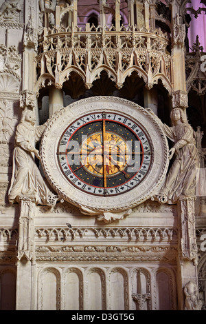 Xvi secolo gotico fiammeggiante Orologio Astrologico nella schermata del coro della cattedrale di Chartres, Francia. Foto Stock