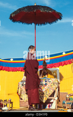 Il Dalai lama sotto un ombrello di pavone sul tetto del tempio durante una cerimonia di Capodanno. Dharamsala, India del Nord Foto Stock