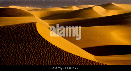 A tarda notte sole risplende attraverso le dune di sabbia di Gran Canaria in Playa Del Ingles area della destinazione di vacanza isola Foto Stock