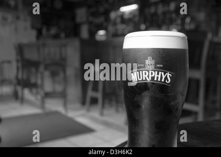 Una pinta di Murphy's Irish Stout appoggia su una tavola in un pub a livello di Unione europea hall, West County Cork, Repubblica di Irlanda. Foto Stock