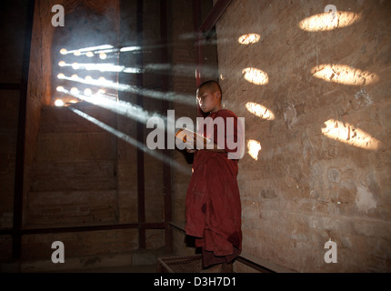 Giovane monaco lettura in una Paya Bagan (pagano), Myanmar (Birmania), Asia Foto Stock