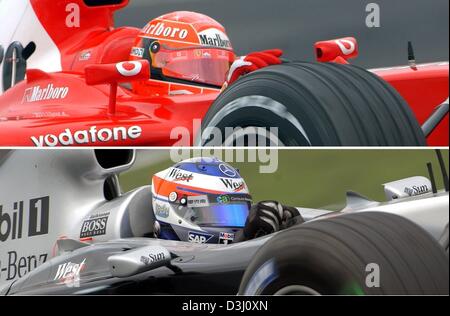 (Dpa file) La foto mostra combo tedesco pilota di Formula Uno Michael Schumacher (top) guida in una Ferrari e il suo rivale finnico Kimi Raikkonen alla guida di una Mercedes Mc-Laren durante la sessione di formazione gratuita sulla pista di Suzuka, in Giappone, il 11 ottobre 2004. Il sei volte Campione del Mondo è entusiasta della stagione 2004/2005 e ammette "sto come affamato come ero all'inizio della mia carriera e w Foto Stock