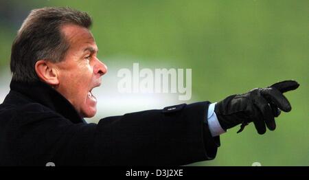 (Dpa) - del Bayern Monaco soccer allenatore Ottmar Hitzfeld gesti e urla istruzioni ai suoi giocatori sul campo durante la Bundesliga partita di calcio tra FC Bayern Monaco e Hannover 96 a Monaco di Baviera, Germania, il 8 febbraio 2004. In fine, Byaern Monaco ha vinto il gioco da parte di un cliente di 3-1 contro di Hannover. Foto Stock