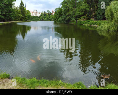 Pruhonice Castle park summer view e grandi pesci dorati nel lago. Praga, Repubblica Ceca. È stata fondata nel XII secolo. Foto Stock