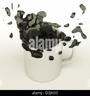 Schizzi di caffè da una tazza di caduta con splash, 3D render. Foto Stock