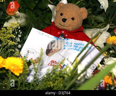 (Dpa) - La tomba di Felix che è stato assassinato è decorata con una lettera di addio e un orso di peluche nel cimitero di Hipstedt, Germania, 14 gennaio 2005. Prima che la famiglia e la gente ha pagato il loro tributo a otto-anno-vecchio ragazzo da Neu Ebersdorf durante un servizio funebre presso la chiesa di Betlemme in Hipstedt. Il cadavere di otto-anno-vecchio allievo è stato recuperato una settimana fa in Ge Foto Stock