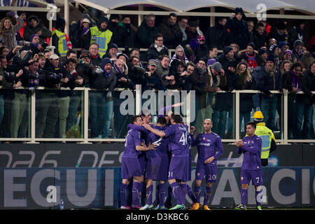 La Fiorentina team group, 17 febbraio 2013 - Calcio : Stevan Jovetic della Fiorentina festeggia il suo primo obiettivo durante l'italiano 'Serie A' match tra ACF Fiorentina 4-1 Inter Milan allo Stadio Artemio Franchi in Firenze, Italia. (Foto di Maurizio Borsari/AFLO) Foto Stock