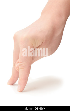Mano è che mostra le dita a piedi isolato su bianco Foto Stock