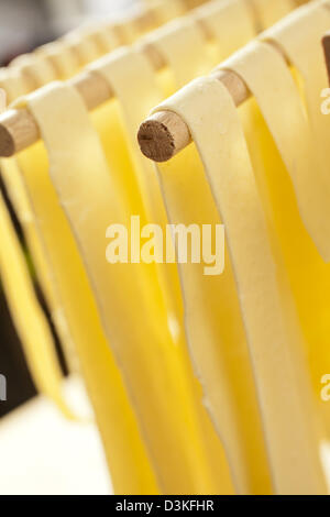 Fresche spaghetti di semola appesi ad asciugare Foto Stock