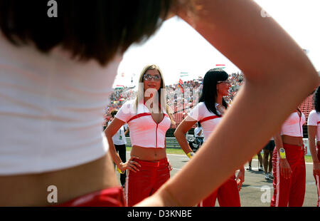 (Dpa) - Formula One grid ragazze foto prima del Gran Premio di Formula Uno di Ungheria sul circuito di Hungaroring race track vicino a Budapest, Ungheria, Domenica, 31 luglio 2005. Foto: Gero Breloer Foto Stock