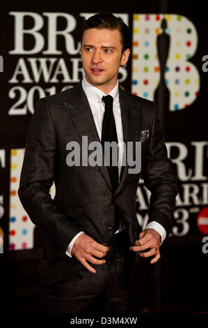 Noi cantante Justin Timberlake arriva a Brit Awards 2013 all'O2 Arena di Londra, Inghilterra, il 20 febbraio 2013. Foto: Hubert Boesl Foto Stock