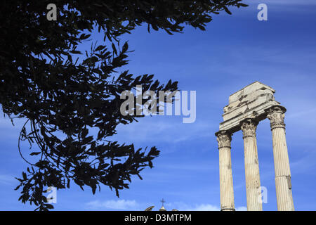 I restanti tre colonne corinzie dal tempio di Castore e Polluce in le rovine del Foro Romano a Roma Italia Foto Stock