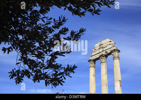 I restanti tre colonne corinzie dal tempio di Castore e Polluce in le rovine del Foro Romano a Roma Italia Foto Stock