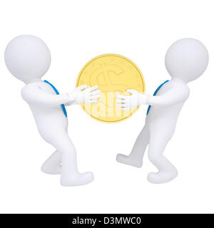Due 3d persone condividono il denaro. Isolate il rendering su sfondo bianco Foto Stock