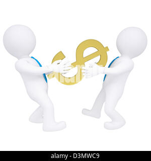 Due 3d persone condividono il denaro. Isolate il rendering su sfondo bianco Foto Stock