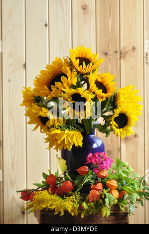 Un vaso blu pieno di giallo fioriture di girasole Foto Stock