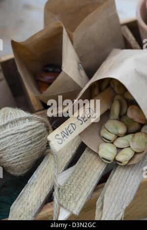 Banco di incapsulazione primavera ancora in vita con semi salvati in pacchetti di casalinghi e articoli per giardinaggio Foto Stock