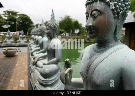 L'immagine sghows una fila di meditazione Buddha nel tempio di Gangaramaya in Colombo, Sri Lanka, 24 aprile 2006. Il Gangaramaya tempio è uno dei più bei templi buddhistic nella capitale dello Sri Lanka. Foto: Maurizio Gambarini Foto Stock