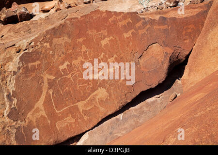 Piastra di Lion con Lion uomo, iconico incisioni a Twijfelfontein, Namibia, Sud Africa Foto Stock