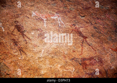 Il White Lady, rock pittura su una piccola sporgenza di roccia, nel profondo del monte Brandberg, Damaraland, Namibia, Sud Africa Foto Stock