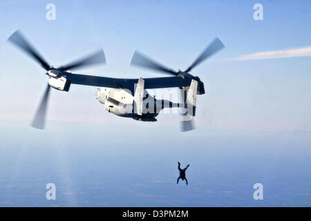 Un US Navy SEAL commando paracadute salti da un ambiente marino Corp MV-22B Osprey rotore inclinazione sollevatore verticale aerei durante il corso di formazione Febbraio 20, 2013 a Jacksonville, NC Foto Stock