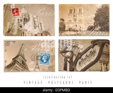 Set con quattro cartoline d'epoca di Parigi Foto Stock