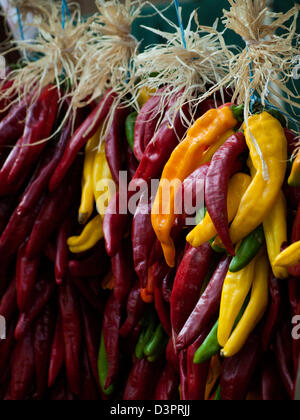 Rista fresco sul display presso il locale mercato degli agricoltori. La leggenda narra, nel sud-ovest, che appeso chili ristras porta fortuna se appeso all'ingresso della casa. Foto Stock