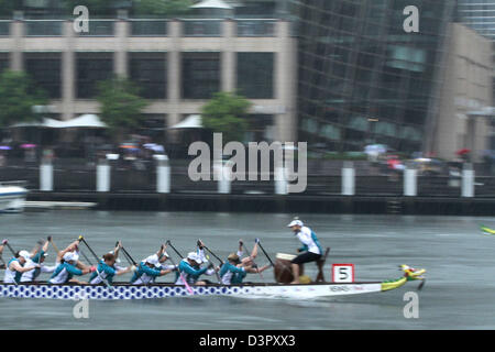 Sydney, Australia. Il 23 febbraio 2013. I partecipanti competono sulla gara di dragon boat 2013 sotto le condizioni meteorologiche estreme il 23 febbraio 2013 a Cockle Bay, il Porto di Darling, Sydney, Australia. Gara di Dragon Boat 2013 è una parte della celebrazione del Capodanno cinese. (Immagine di credito: credito: Sijori Immagini/ZUMAPRESS.com/Alamy Live News) Foto Stock