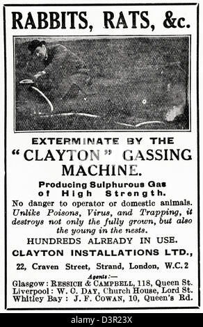 Originale di 1920s vintage stampa pubblicitaria da English Country Gentleman's pubblicità sui giornali parassiti di controllo da parte di Clayton macchina di gassificazione di Craven Street Strand Londra Foto Stock