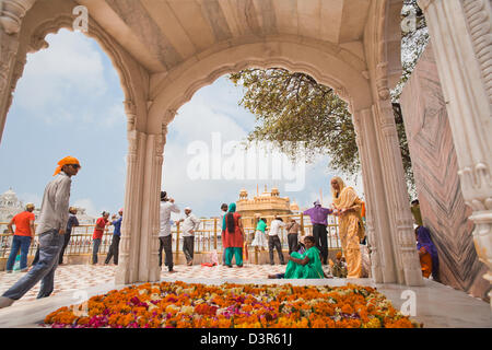 I devoti a un tempio, Tempio Dorato, Amritsar Punjab, India Foto Stock