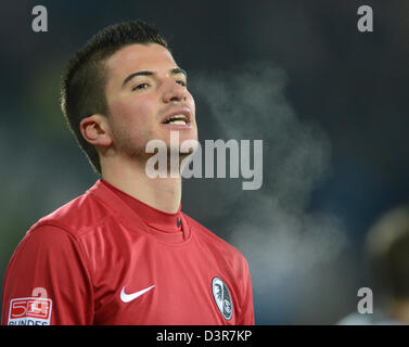 Freiburg, Germania. Il 22 febbraio 2013. Freiburg il Marco Terrazzino guarda deluso dopo la Bundesliga partita di calcio tra SC e Friburgo Eintracht Frankfurt a Mage Solar Stadium di Friburgo, Germania, 22 febbraio 2013. Foto: Patrick Seeger/dpa/Alamy Live News Foto Stock