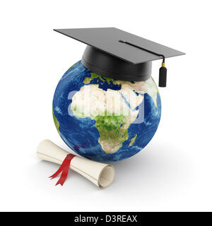 3d illustrazione del pianeta Terra con cappuccio di graduazione isolato Foto Stock