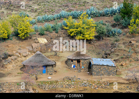 Piccole capanne tipiche di insediamenti rurali nel regno del Lesotho, Sud Africa Foto Stock