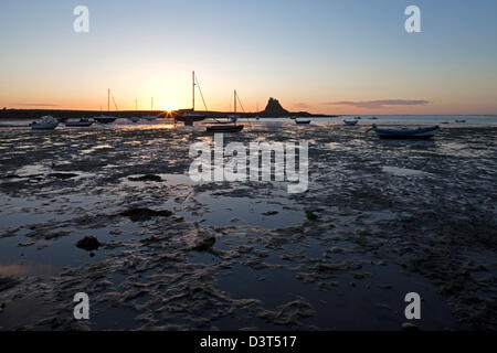 Una vista di Lindisfarne Castle all'alba sul Santo Isola di Lindisfarne in Northumberland Foto Stock